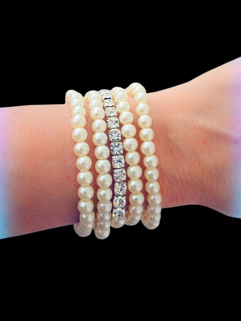 X5 FIVE Vintage Avon Pearl & Rhinestone Stretch Bracelets - Set